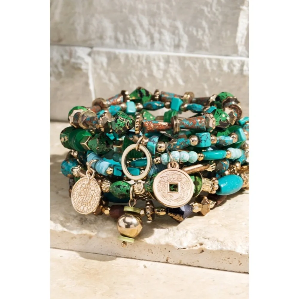 Green Hidden Valley Multi Layer Natural Stone Charm Boho Stretch Bracelet Set - Picture 1 of 5
